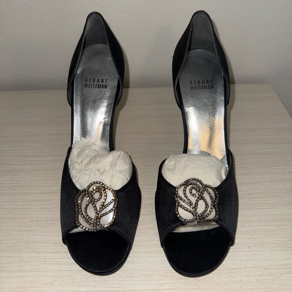 Stuart Weitzman Black Embellished Peep-Toe Heels
